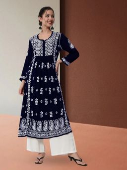 PARAMOUNT CHIKAN - Hand Embroidered Chikankari Modal A-Line Navy Blue Kurta