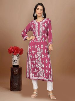 PARAMOUNT CHIKAN - Hand Embroidered Chikankari Modal Straight Wine Kurta