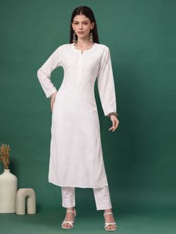 PARAMOUNT CHIKAN - Hand Embroidered Chikankari Modal Straight White Kurta