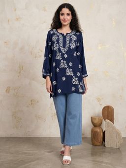 PARAMOUNT CHIKAN - Women Hand Embroidered Chikankari Rayon Navy Blue Kurti