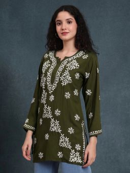 PARAMOUNT CHIKAN - Women Hand Embroidered Chikankari Rayon Olive Kurti
