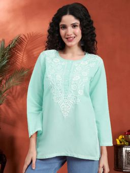 PARAMOUNT CHIKAN - Women Hand Embroidered Chikankari Cotton Green Kurti
