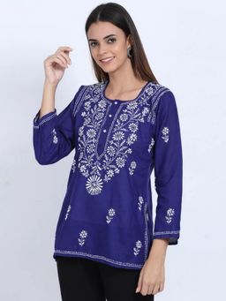 PARAMOUNT CHIKAN - Women Hand Embroidered Chikankari Blue Cotton Kurti