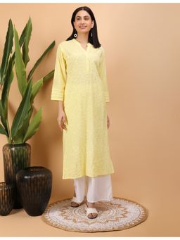 Shwet Heritage - Women Yellow Hand Embroidered Chikankari Pintex Kurta
