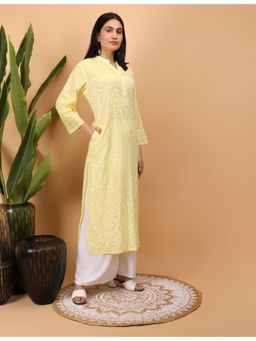 Shwet Heritage - Women Hand Embroidered Chikankari Yellow Pintex Kurti