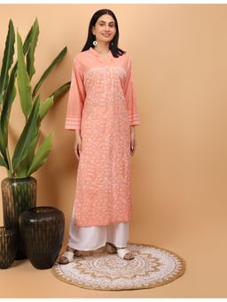 Shwet Heritage - Women Hand Embroidered Chikankari Peach Pintex Kurti