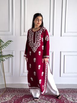 Poshak Chikan Studio - Embroidered Lucknowi Chikankari Rayon Maroon Straight Kurta