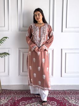 Poshak Chikan Studio - Nude Embroidered Lucknowi Chikankari Rayon Straight Kurta
