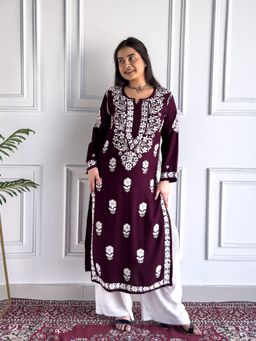 Poshak Chikan Studio - Embroidered Lucknowi Chikankari Rayon Straight Wine Kurta