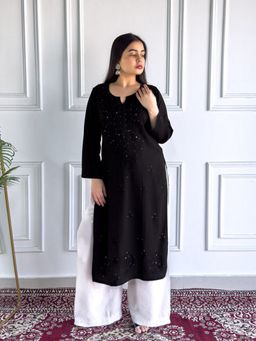 Poshak Chikan Studio - Embroidered Lucknowi Chikankari Rayon Black Mukaish Straight Kurta