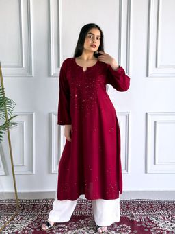Poshak Chikan Studio - Embroidered Lucknowi Chikankari Maroon Mukaish Straight Kurta