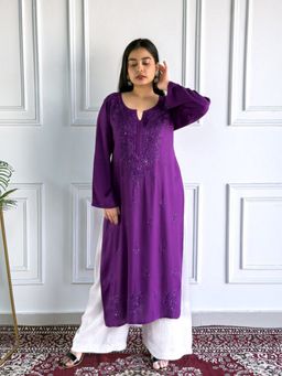 Poshak Chikan Studio - Embroidered Lucknowi Chikankari Purple Mukaish Straight Kurta