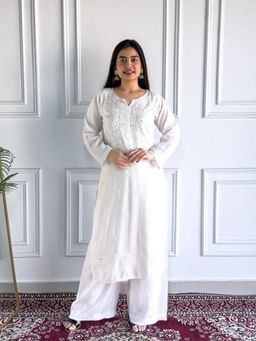 Poshak Chikan Studio - Embroidered Lucknowi Chikankari Rayon White Mukaish Straight Kurta