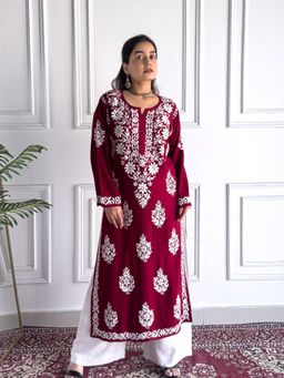 Poshak Chikan Studio - Embroidered Lucknowi Chikankari Maroon Rayon Straight Kurta