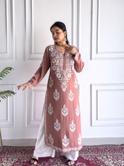 Poshak Chikan Studio - Embroidered Lucknowi Chikankari Rayon Straight Nude Kurta