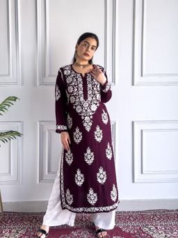 Poshak Chikan Studio - Wine Embroidered Lucknowi Chikankari Rayon Straight Kurta