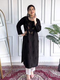 Poshak Chikan Studio - Embroidered Lucknowi Black Chikankari Chanderi Mukaish Straight Kurta