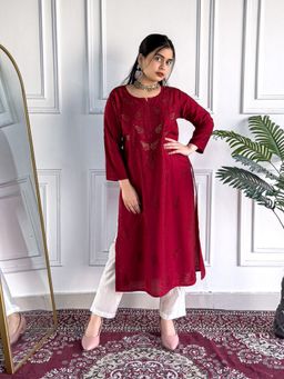 Poshak Chikan Studio - Embroidered Lucknowi Maroon Chikankari Chanderi Mukaish Straight Kurta
