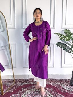 Poshak Chikan Studio - Embroidered Lucknowi Purple Chikankari Chanderi Mukaish Straight Kurta
