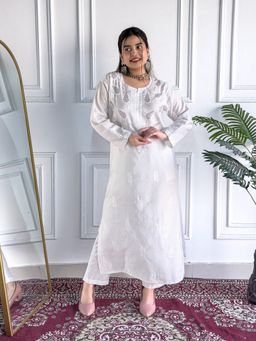 Poshak Chikan Studio - Embroidered Lucknowi White Chikankari Chanderi Mukaish Straight Kurta