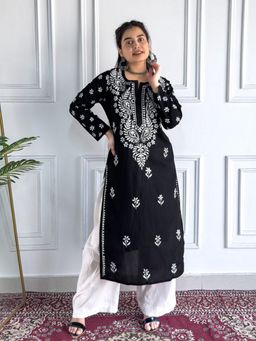 Poshak Chikan Studio - Embroidered Black Lucknowi Chikankari Cotton Straight Kurta