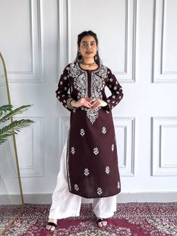 Poshak Chikan Studio - Embroidered Brown Lucknowi Chikankari Cotton Straight Kurta