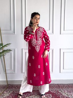 Poshak Chikan Studio - Embroidered Magenta Lucknowi Chikankari Cotton Straight Kurta
