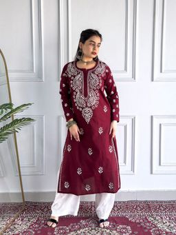 Poshak Chikan Studio - Embroidered Maroon Lucknowi Chikankari Cotton Straight Kurta