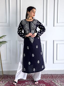 Poshak Chikan Studio - Embroidered Navy Blue Lucknowi Chikankari Cotton Straight Kurta