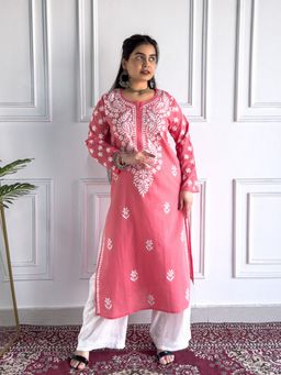 Poshak Chikan Studio - Embroidered Peach Lucknowi Chikankari Cotton Straight Kurta