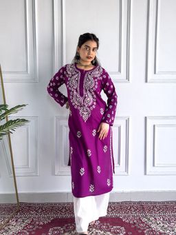 Poshak Chikan Studio - Embroidered Purple Lucknowi Chikankari Cotton Straight Kurta