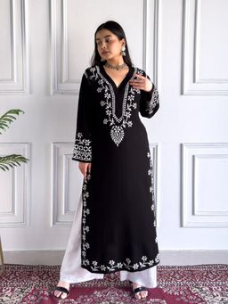 Poshak Chikan Studio - Embroidered Lucknowi Chikankari Rayon Black Straight Kurta