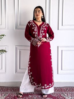 Poshak Chikan Studio - Embroidered Maroon Lucknowi Chikankari Rayon Straight Kurta