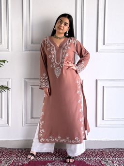 Poshak Chikan Studio - Embroidered Lucknowi Chikankari Rayon Nude Straight Kurta