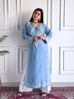 Poshak Chikan Studio - Embroidered Lucknowi Chikankari Rayon Blue Straight Kurta