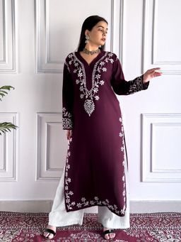 Poshak Chikan Studio - Embroidered Lucknowi Chikankari Rayon Wine Straight Kurta