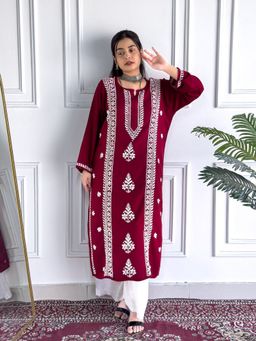 Poshak Chikan Studio - Embroidered Lucknowi Chikankari Rayon Straight Maroon Kurta