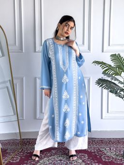 Poshak Chikan Studio - Embroidered Lucknowi Chikankari Rayon Straight Blue Kurta