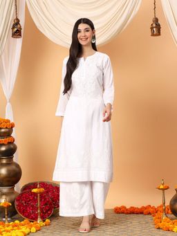 Poshak Chikan Studio - Embroidered White Lucknowi Chikankari Cotton Straight Kurta