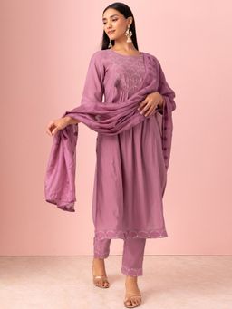 Indya - Pink Embroidered Chanderi Kurta With Pants (Set of 2)