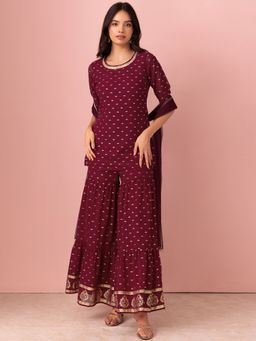 Indya - Maroon Foil Print Sharara With Short Kurta And Dupatta (Set of 3)