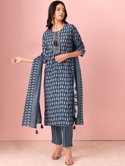 Indya - Blue Floral Print Muslin Kurta With Pants And Printed Dupatta (Set of 3)