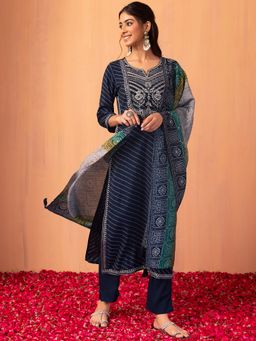 Indya - Blue Striped Embroidered Muslin Kurta With Pants And Dupatta (Set of 3)