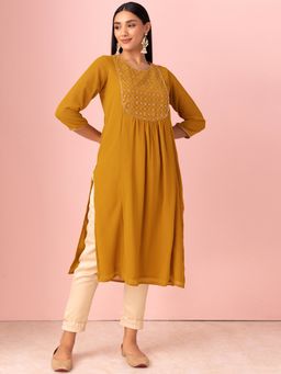 Indya - Mustard Yellow Zari And Sequin Embroidered Kurta