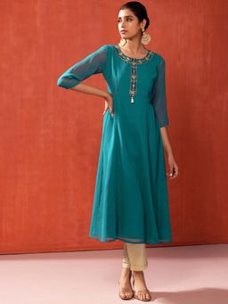 Indya - Turquoise Blue Zari Embroidered A-Line Kurta