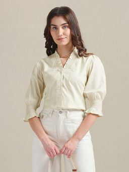 U.S. POLO ASSN. - Ruffled V-Neck Cotton Cream Top