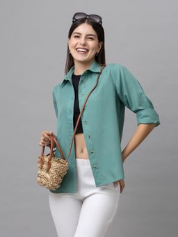 PURYS - Green Solid Casual Linen Shirt