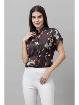 PURYS - Black Floral Casual Satin Shirt