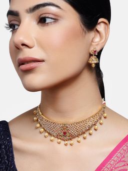 Estele - Gold Plated Cz Fascinating Bridal Necklace Set With Pearls For Women (Set of 2)