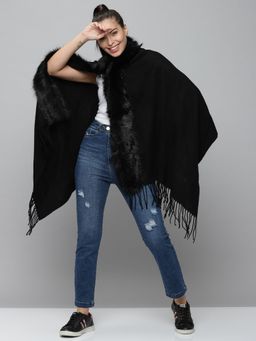 SHOWOFFFF - Womens Sleeveless Longline Black Solid Poncho